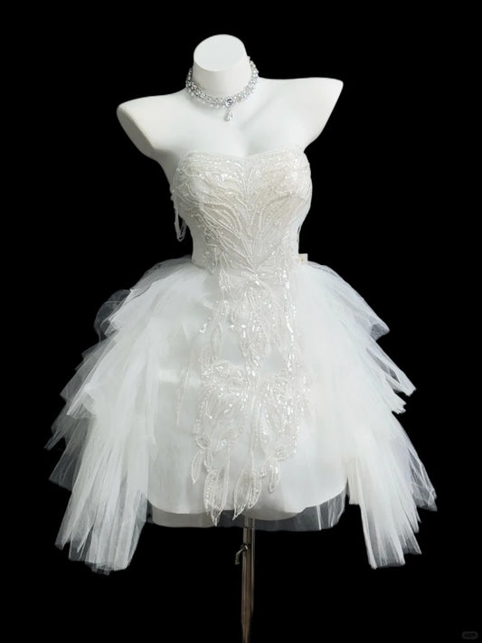 Cute Ball Gown Sweetheart Tulle White Short Mini High School Ideas Homecoming Dresses Inspo Birthday Dresses Senior Graduation Outfits RB7228