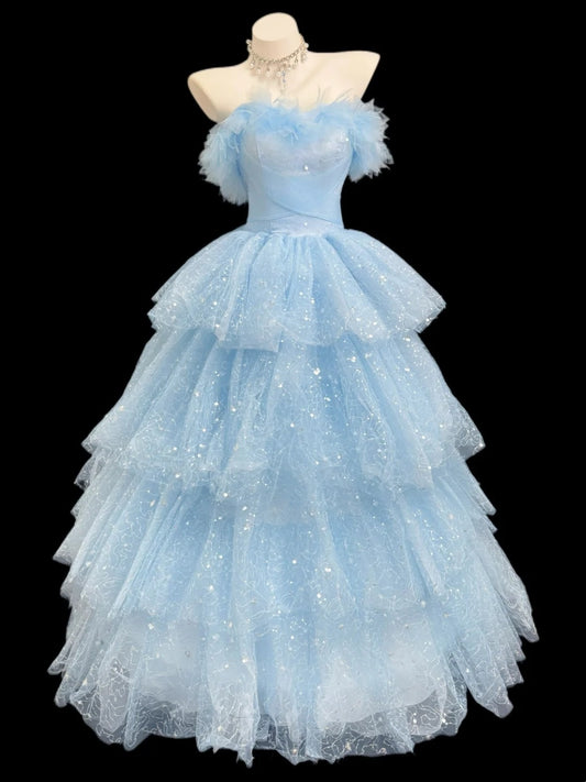 Stylish Ball Gown Off The Shoulder Light Blue Tulle Floor Length Prom Dresses Inspo Formal Outfits RB4453