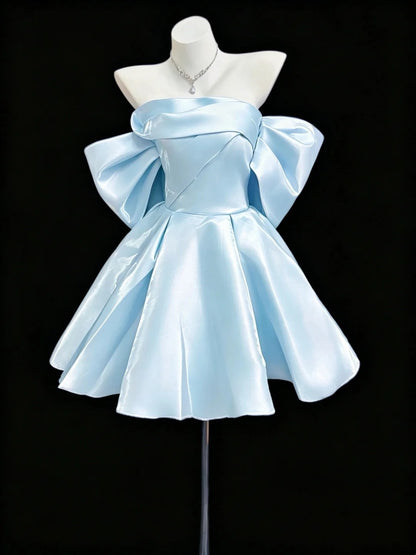 Pretty Ball Gown Blue Strapless Satin With Bow Short Cocktail Gown Homecoming Dresses Ideas Hoco Outfit RB5453