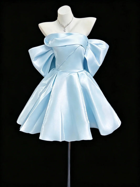 Pretty Ball Gown Blue Strapless Satin With Bow Short Cocktail Gown Homecoming Dresses Ideas Hoco Outfit RB5453