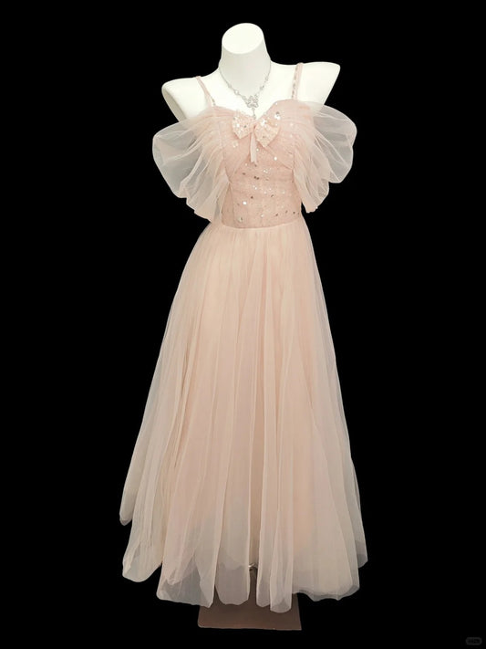 Prinzessin Abschlussballkleider Festlich A-Linie Off The Shoulder Blush Rosa Mit Ärmeln Tüll Lange Abendkleider N4533