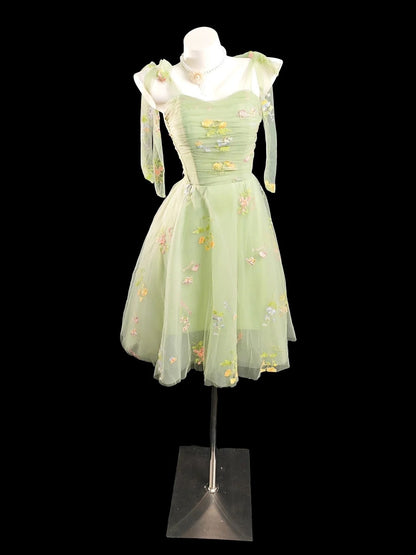 Romantisches A-Linien-Spaghettiträger-Kleid Salbeigrün Blumen Abschlussball High School Homecoming Kleider N4496
