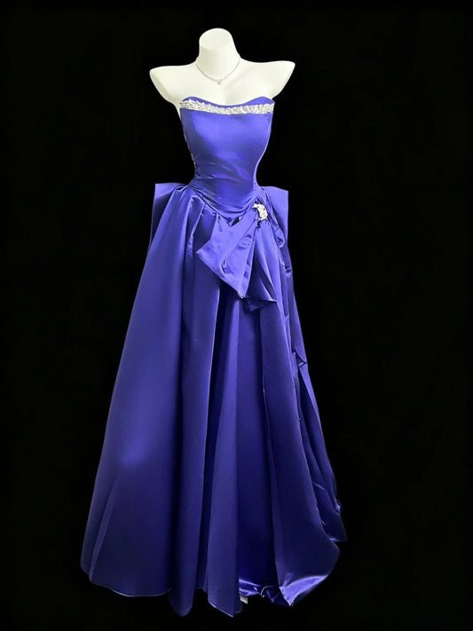 Beautiful A line Sweetheart Blue With Bow Silver Beading Long Prom Dress Formal Dress Party Dresses RB7208