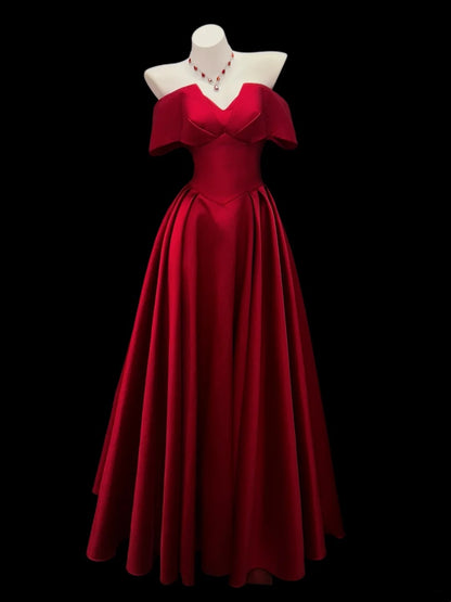 Chic A line Off The Shoulder Red Satin With Ruffled Date Floor Length Night Evening Outfit Formal Prom Dresses RB5441