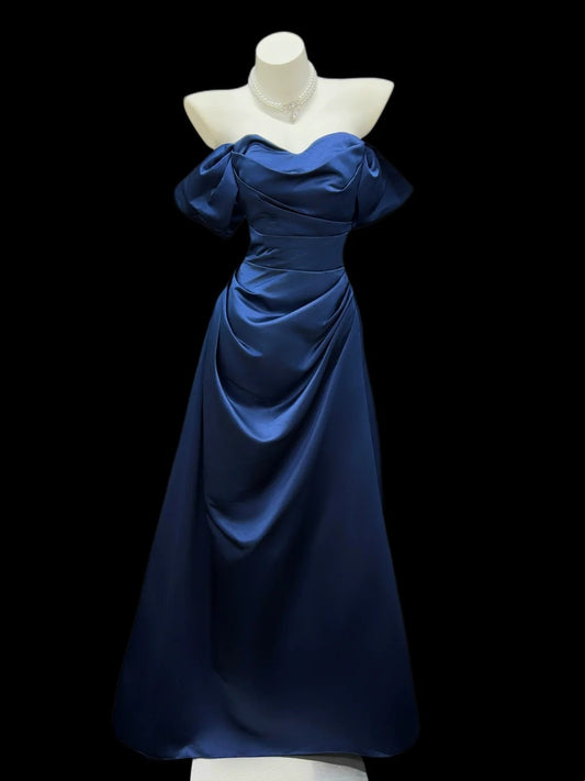 Chic Mermaid Off The Shoulder Navy Blue Satin Ruffled Date Floor Length Night Evening Outfit Formal Prom Dresses RB5437