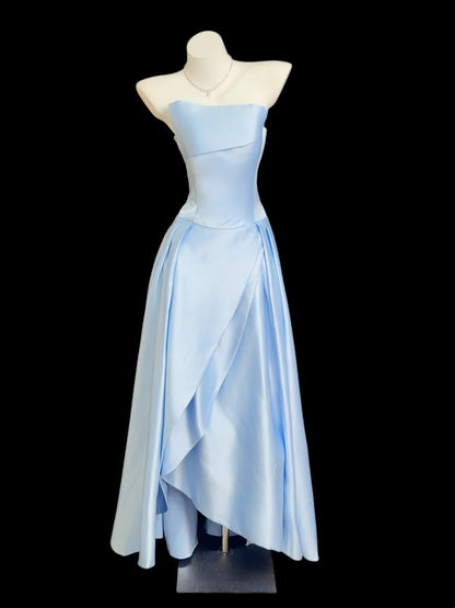 Beautiful A line Strapless Blue With Ruffles Long Prom Dress Formal Dress Party Dresses RB7212