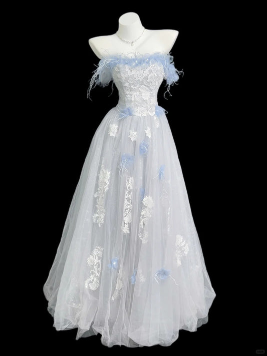 Chic A line Off The Shoulder Light Sky Blue With Lace Long Prom Dress Formal Dress Party Dresses RB7229