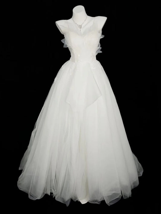 Stylish Ball Gown Spaghetti Strap White Tulle Long Floor Length Prom Dresses Inspo Evening Outfits RB4459