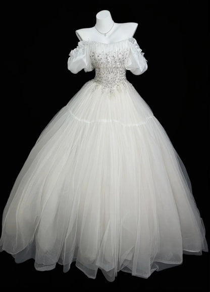 Elegantes Ballkleid schulterfrei weißer Tüll mit Perlenstickerei Hochzeitskleid lange Hochzeitskleider RB4454