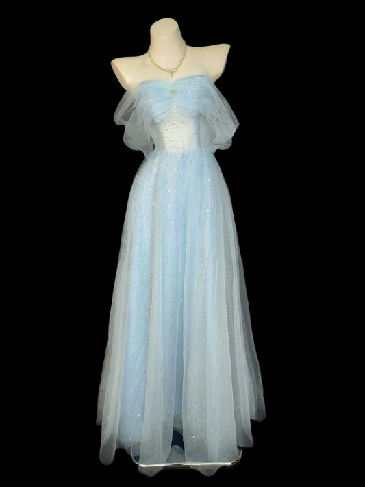 Prinzessin Abschlussballkleider Formelle A-Linie Off-Shoulder Hellblau mit Ärmeln Lange Partykleider N4520