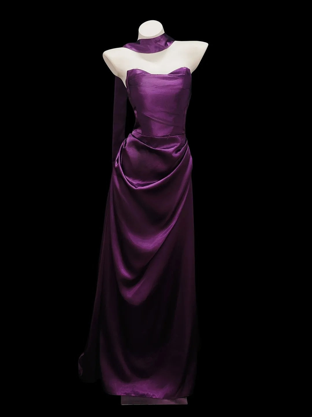 Chic Mermaid Strapless Purple Satin With Ruffled Date Floor Length Night Evening Outfit Formal Prom Dresses RB5438