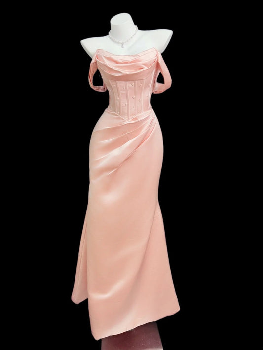 Prinzessin Abschlussballkleider Formelle Meerjungfrau Off-Shoulder Rouge Pink Satin Lange Partykleider N4558