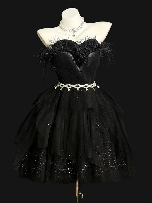 Cute Ball Gown Sweetheart Black Tulle With Feathers Short Cocktail Gown Homecoming Dresses Ideas Hoco Outfit RB5449