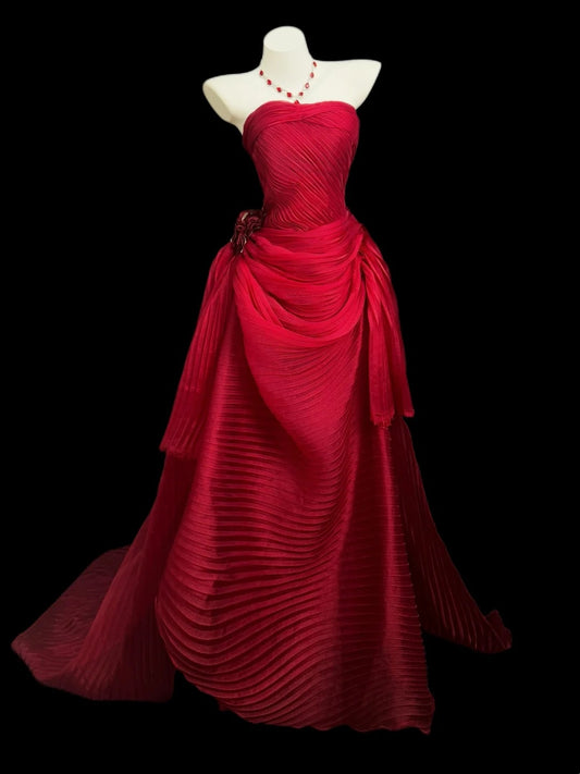 Prinzessin Abschlussballkleider Formelles Meerjungfrau-Kleid Trägerlos Ärmellos Rot Lange Partykleider N4516