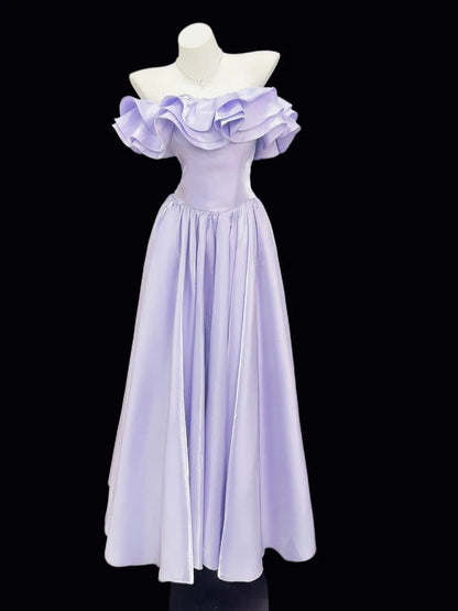 Chic A line Off The Shoulder Lilac With Sleeves Date Floor Length Night Evening Outfit Formal Prom Dresses RB5456