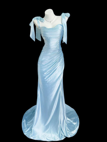 Beautiful Mermaid Spaghetti Strap Light Blue With Bow Long Prom Dress Formal Dress Party Dresses RB7215