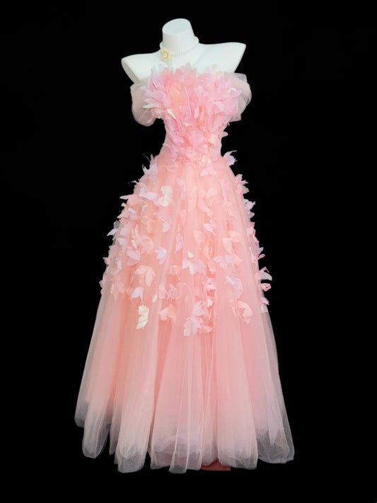 Prinzessin Abschlussballkleider Formelle Ballkleider Schulterfrei Pink Tüll Lange Partykleider N4506