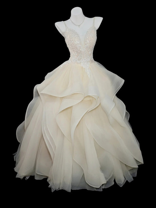 Prinzessin Abschlussballkleider Formelle Ballkleider Spaghettiträger Hell Champagner Lange Partykleider N4557