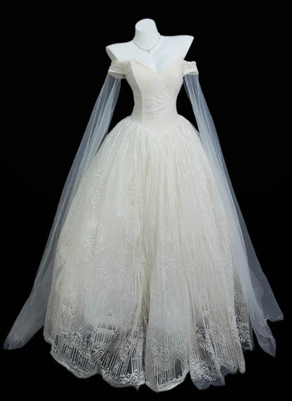 Elegant Ball Gown Off The Shoulder White Sequin With Cape Wedding Bridal Gown Long Wedding Dresses RB4463