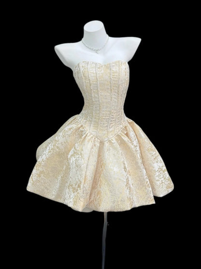 Vintage Ball Gown Strapless Gold Lace 12th Grad Short Mini length Aesthetic Look Homecoming Dresses RB4350