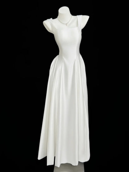 Stylish A Line Square Neck White Satin Floor Length Prom Dresses Inspo Formal Outfits RB4456