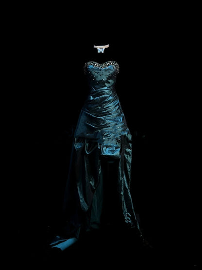 Whimsical High Low Dark Green With Beaded Bodice Long Prom Dresses Night Formal Dress N610