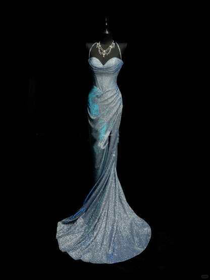 Elegantes Meerjungfrauen-Abendkleid mit Spaghettiträgern, marineblauem Schlitz und Pailletten, langes Abendkleid, formelles Partykleid, Vestidos De Dia AB615