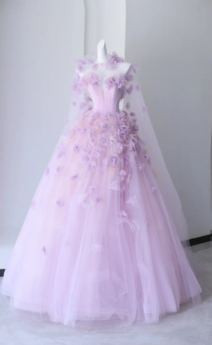 Belles robes de bal bustier cœur en tulle lilas avec fleurs longue robe de soirée N2924