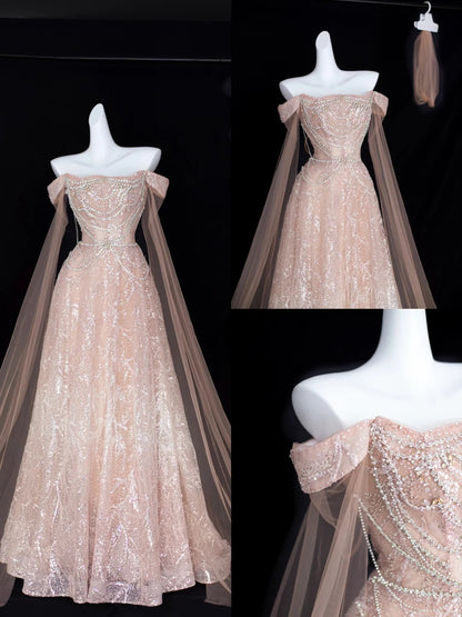 Élégante robe de soirée rose poudré coupe trapèze à épaules dénudées avec manches courtes et sequins pour anniversaire ou bal de promo N2828