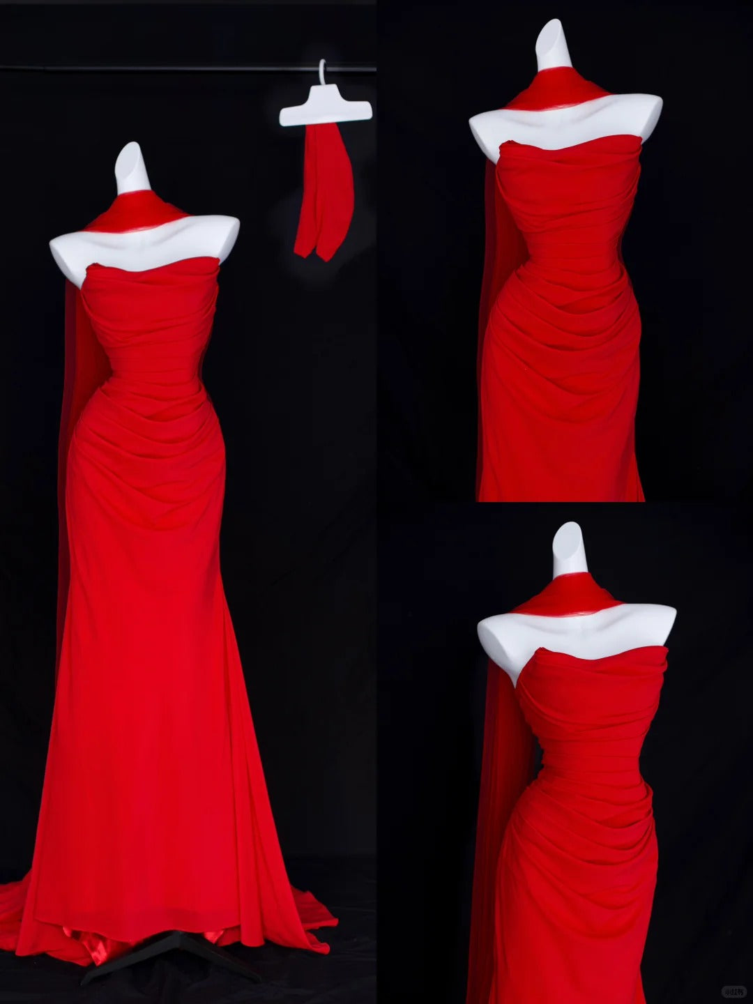 Robe de soirée longue de bal de promo en tulle rouge bustier sirène romantique avec écharpe N2827