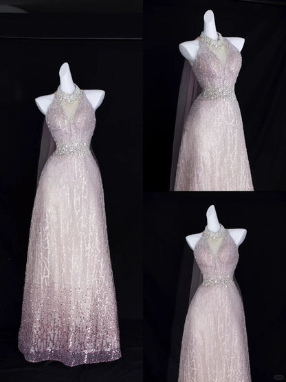 Robe de soirée élégante trapèze dos nu rose fard à joues avec perles et sequins pour anniversaire et bal de promo N2829