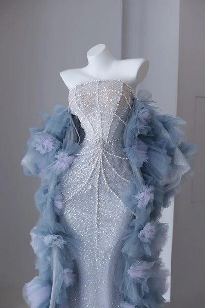 Robes de bal scintillantes sirène sans bretelles bleu ciel pailletées avec perles longue robe de soirée N2921