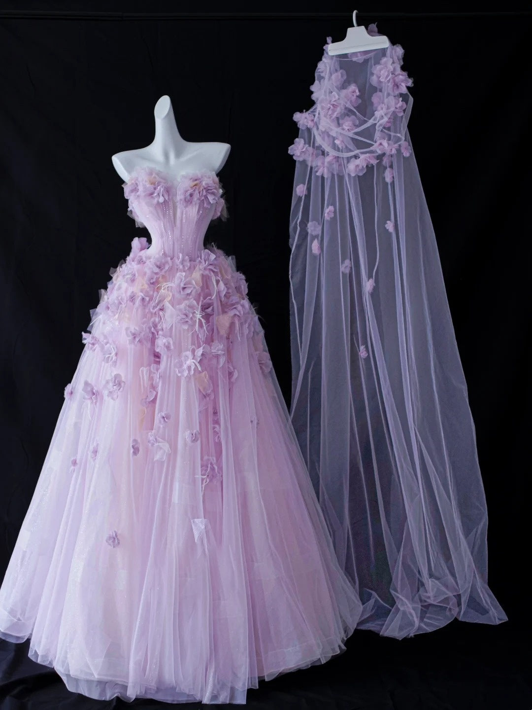 Belles robes de bal bustier cœur en tulle lilas avec fleurs longue robe de soirée N2924