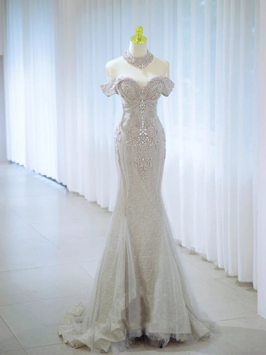 Sparkly Mermaid Off The Shoulder Silver Gray Sequined Prom Dresses Party Dress Birthday Outfits Graduation Gown N2847