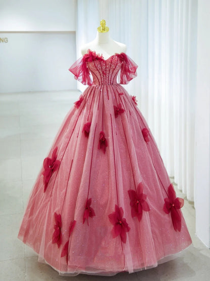 Hübsche Ballkleider Trägerloses Rot Tüll mit Blumen Langes Abendkleid N2937