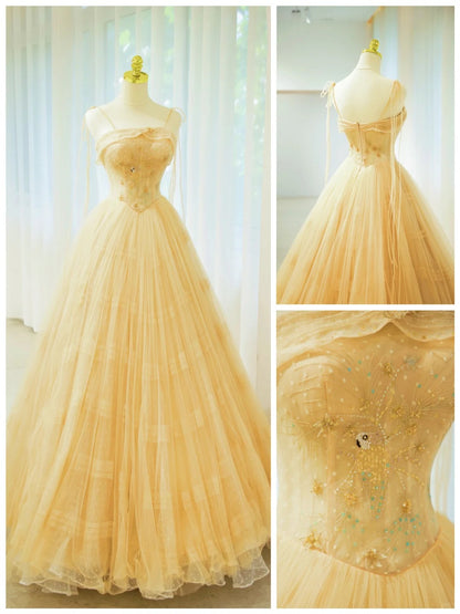 Belles robes de bal pour le bal Robe de bal à fines bretelles en tulle jaune avec perles, longue robe de soirée N2932