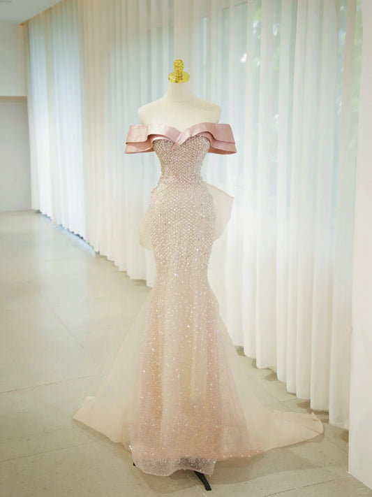 Sparkly Mermaid Off The Shoulder Pink Sequined Prom Dresses Party Dress Birthday Outfits Graduation Gown N2857