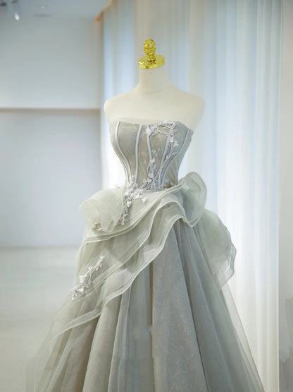 Robe de bal élégante bustier grise avec tulle appliqué longue robe de soirée d'anniversaire bal de promo N2854