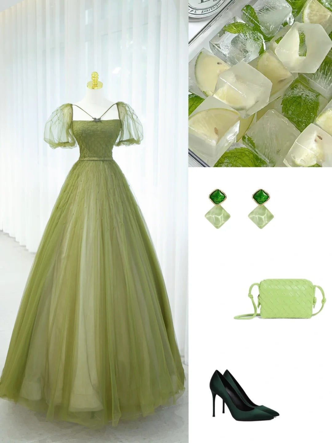 Robe de bal élégante verte, col carré, tulle, longue robe de soirée, robes de bal pour 18ème anniversaire N2853