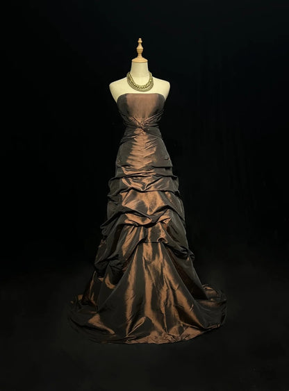 Vintage Prom Dresses Aesthetic 1950s Retro Ball Gown Strapless Chocolate Long Evening Dress N2322