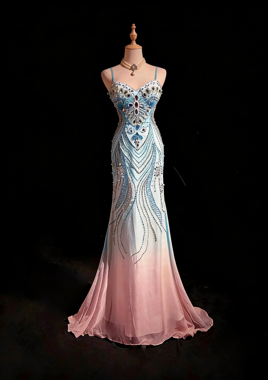 Vintage Y2K Meerjungfrau 2000er Blau Pink Ombré Abendkleid Farbverlauf Spaghettiträger Ballkleider N2441