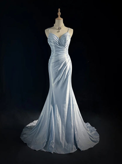 Robes de Bal Modestes Sirène à Bretelles Fines Bleu Ciel Clair avec Appliques Tenues de Soirée N3690