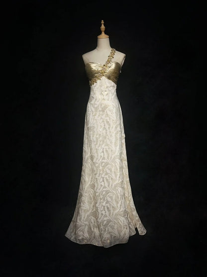 Elegante Ballkleider A-Linie One-Shoulder Gold-Oberteil Satin mit Rüschen Lang Formelles Abendkleid N2913