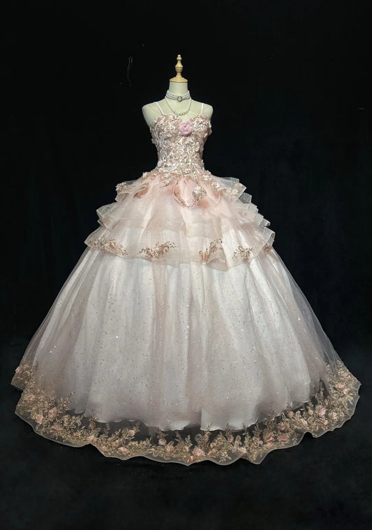 Süßes Ballkleid Spaghettiträger Tüll mit Blumen Sweet 16 Kleider Quinceanera Kleid Lang 15 Vestidos De Fiesta N4219