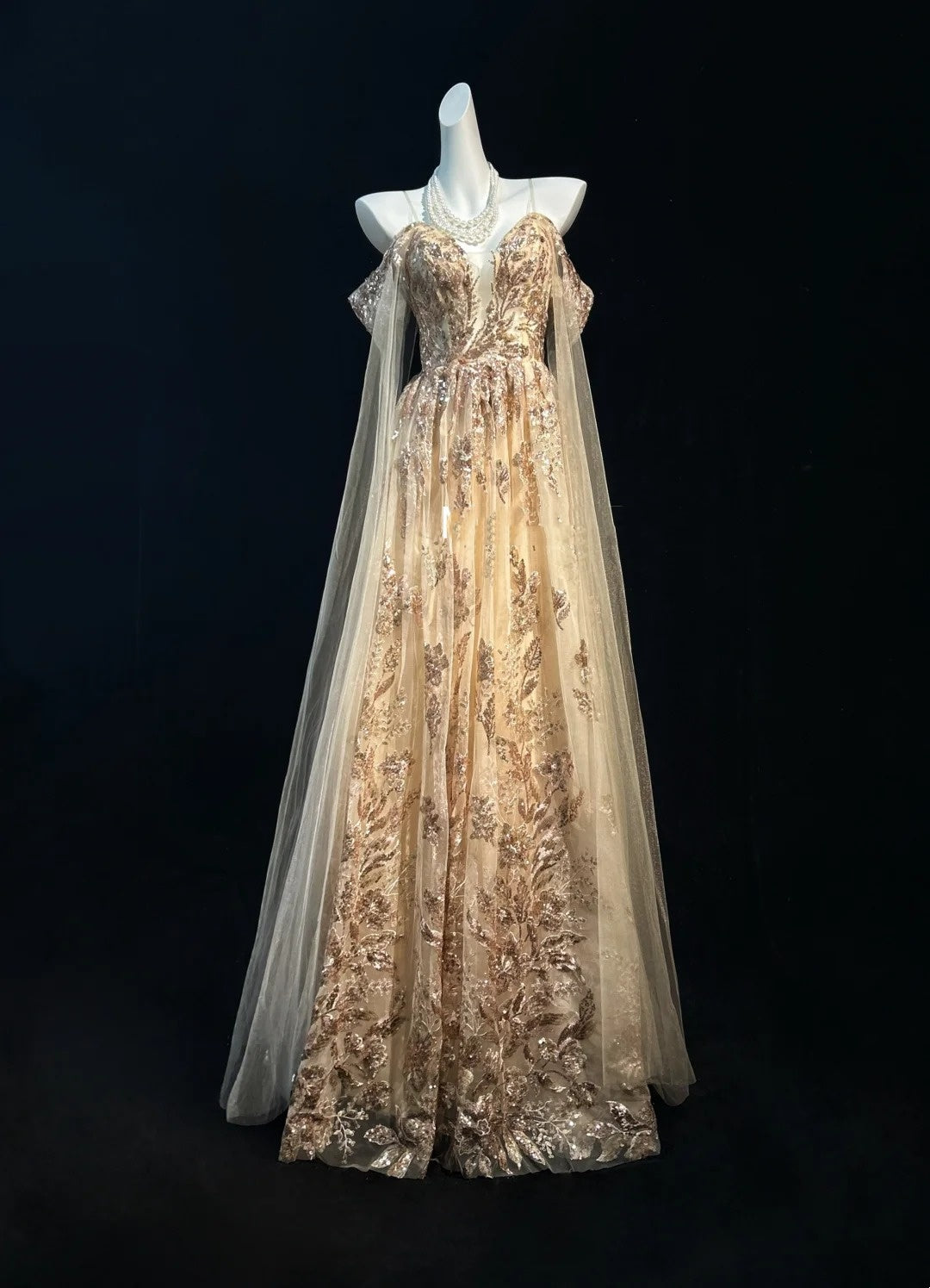 Vintage Prom Dresses A line Spaghetti Strap Gold Lace With Cape 80s Evening Formal Dress RB3267