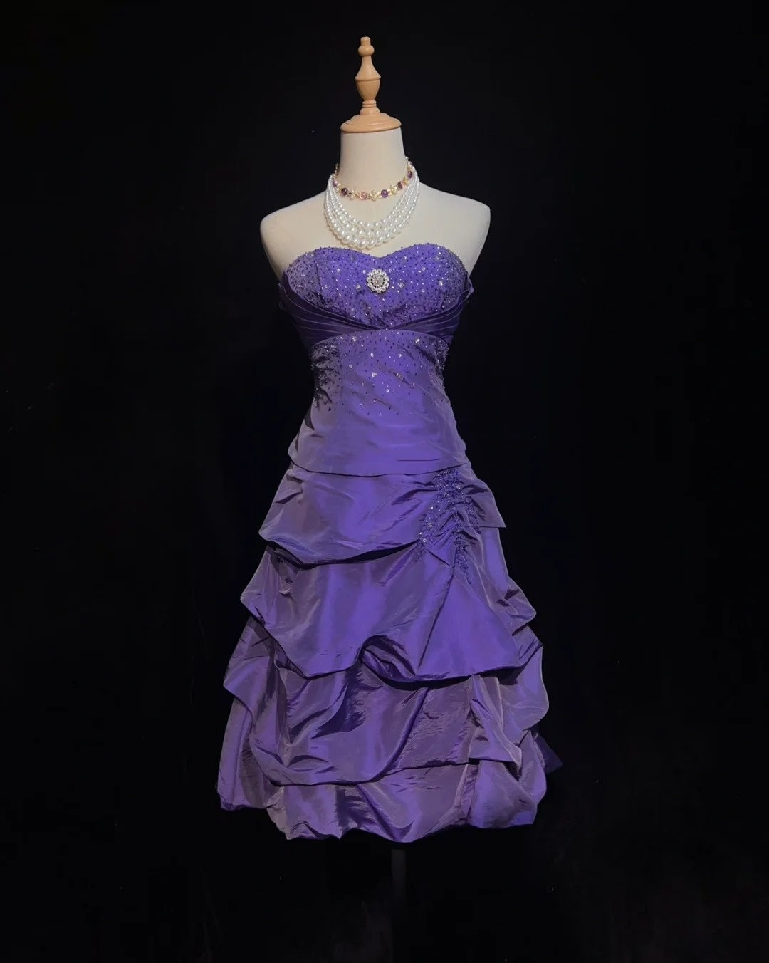 Robe de bal vintage bustier violet taffetas à volants Années 2000 Longueur genou Robes de rentrée des classes N3119