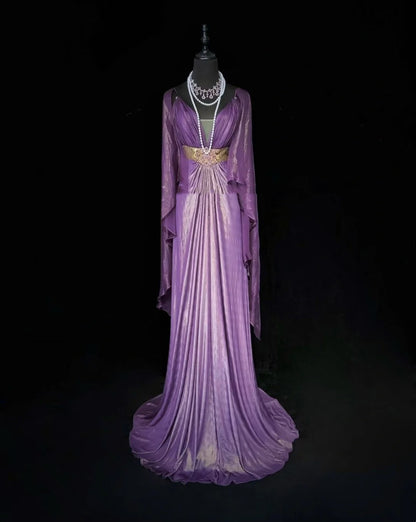 Bezaubernde Ballkleider A-Linie Spaghettiträger Lila Chiffon Mit Cape Langes formelles Abendkleid N3897