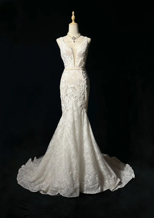 Robes de mariée scintillantes sirène col en V ivoire dentelle longue robe de mariée N2930