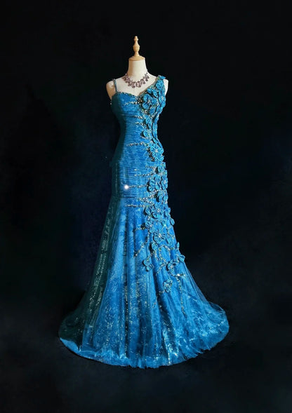 Robes de bal vintage des années 80 Robe de soirée longue asymétrique à paillettes bleu roi et bretelle irrégulière N2537