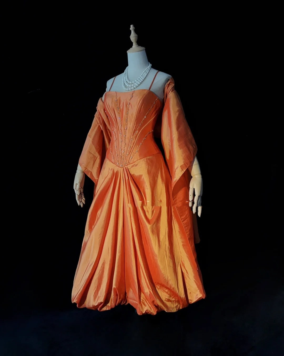 Timeless Prom Dresses Ball Gown Spaghetti Strap Orange Taffeta With Beading Cape Evening Outfits N3239